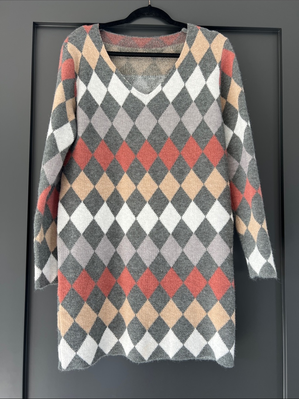 V-Neck Argyle Knit Sweater Dress in Gray, Cream & Coral